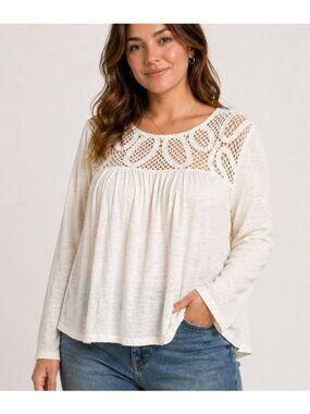 GAP Women's XL White Crochet Lace Yoke Peasant Boho Blouse Long Sleeve Cotton